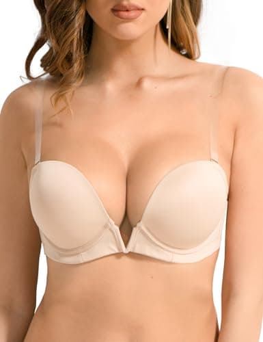 Vgplay Women's Deep Plunge Push Up Bra with Clear Straps and Underwire