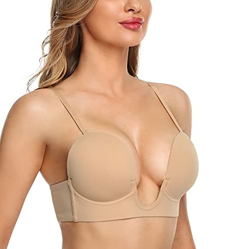 HANSACIA Women's Deep Plunge Underwire Bra with Low Back Conversion Push-Up