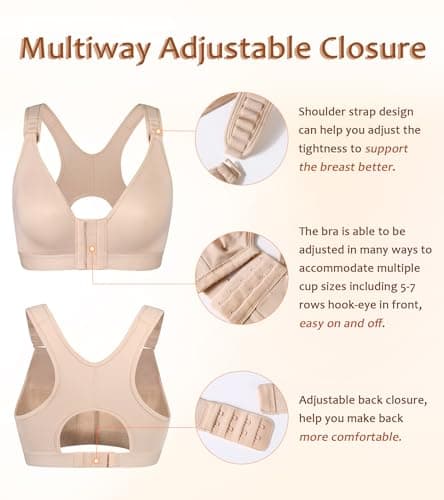 DotVol Women's Front Closure Wireless Adjustable Wide Strap Post-Surgery Bra
