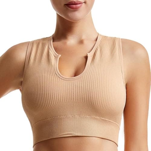 Solid Medium Support Ribbed Seamless Yoga Bra for Women Running Gym