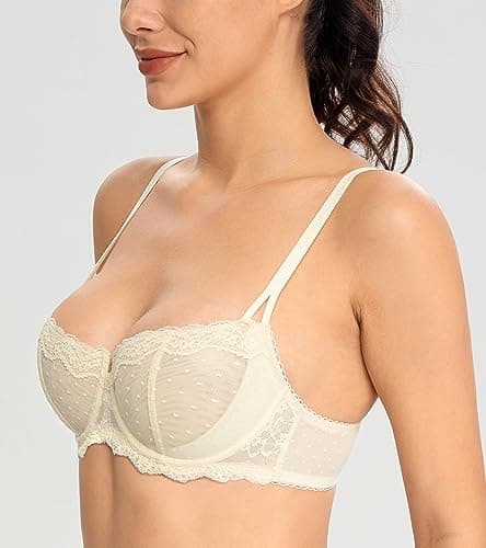 HACI Women's Plus Size Lace Mesh Balconette Bra - Sheer Demi Push Up Design
