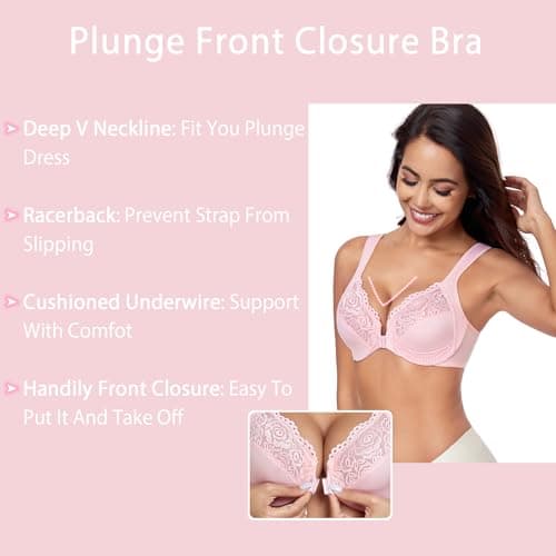 Women's Front Closure Underwire T-Shirt Bra Plus Size - Pink, 42DD
