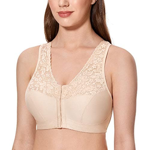 CALVENA Women's Plus Size Front Closure Wirefree Lace Racerback Bra
