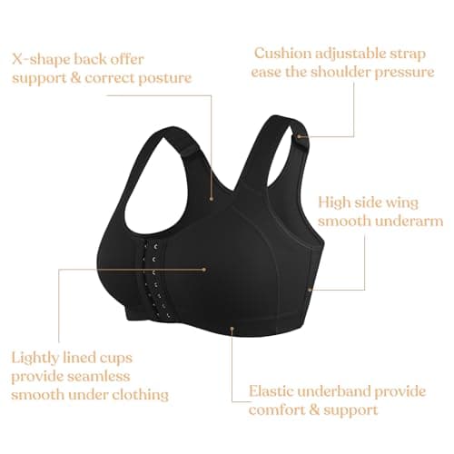 HSIA Front Closure Posture Bra for Plus Size Heavy Breasts Black