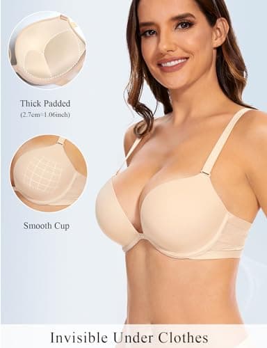 Upushall Plunge T-Shirt Bra for Women - Adds 2 Cup Sizes, Beige 42C