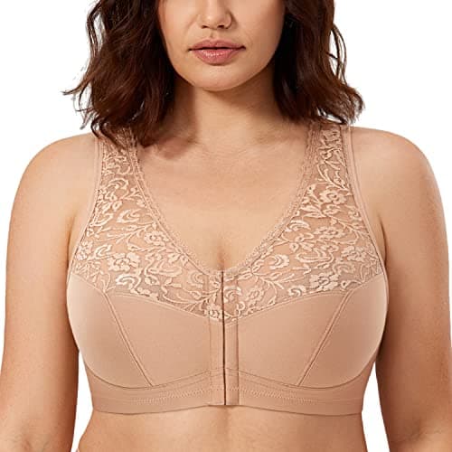 CALVENA Women's Plus Size Front Closure Wirefree Lace Racerback Bra