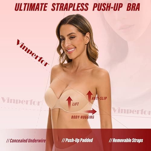 Vinperfor Women's No-Slip Teardrop Push-Up Bra for Dresses-Seamless Concealed Underwire