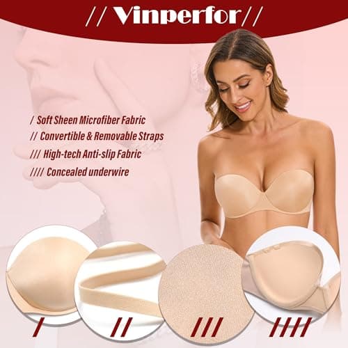 Vinperfor Women's No-Slip Teardrop Push-Up Bra for Dresses-Seamless Concealed Underwire