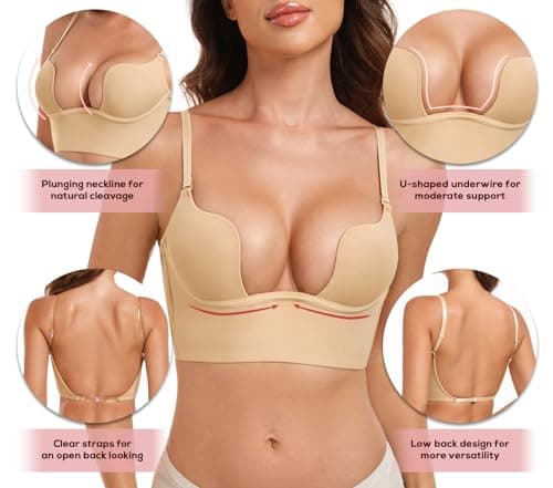 HANSICA Women's Deep Plunge Low Cut Push-Up Bra (Nude, 36D)