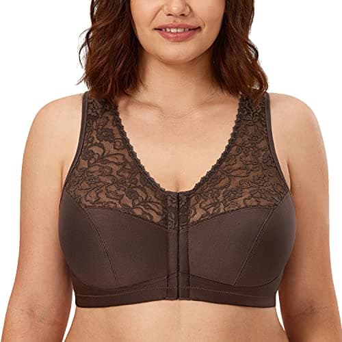 CALVENA Women's Plus Size Front Closure Wirefree Lace Racerback Bra