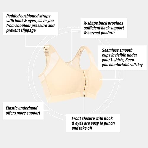 J-pone Women's Front Closure Posture Correcting Wireless Bra 2 Piece Full Coverage Back Support