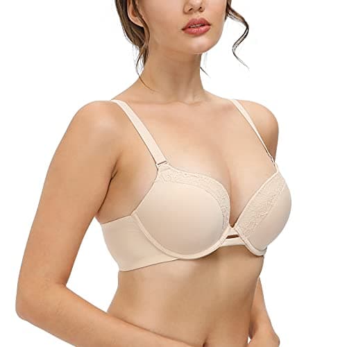 Thick Padded Underwire Plunge Lace Bra for Women Lift Support Add One Cup