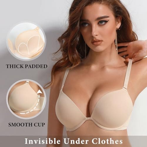 Lingesxy Seamless Push Up Plunge Bra with Underwire & Padded Cups