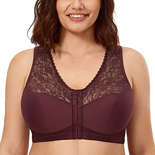 CALVENA Women's Plus Size Front Closure Wirefree Lace Racerback Bra