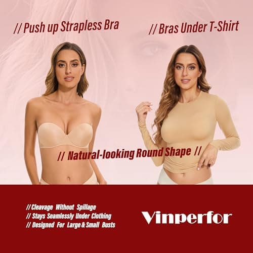 Vinperfor Women's No-Slip Teardrop Push-Up Bra for Dresses-Seamless Concealed Underwire
