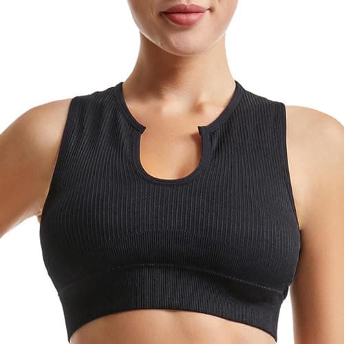 Solid Medium Support Ribbed Seamless Yoga Bra for Women Running Gym