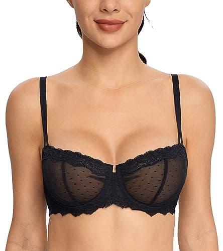 HACI Women's Plus Size Lace Mesh Balconette Bra - Sheer Demi Push Up Design