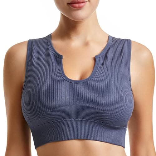 Solid Medium Support Ribbed Seamless Yoga Bra for Women Running Gym