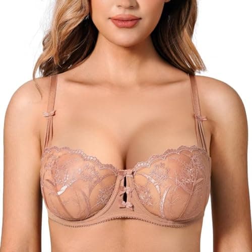 Deyllo Women's Balconette Lace Underwire Bra Sheer Non-Padded