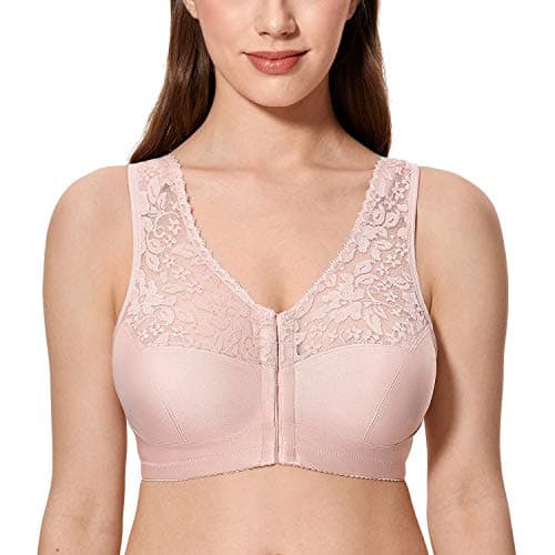 CALVENA Women's Plus Size Front Closure Wirefree Lace Racerback Bra