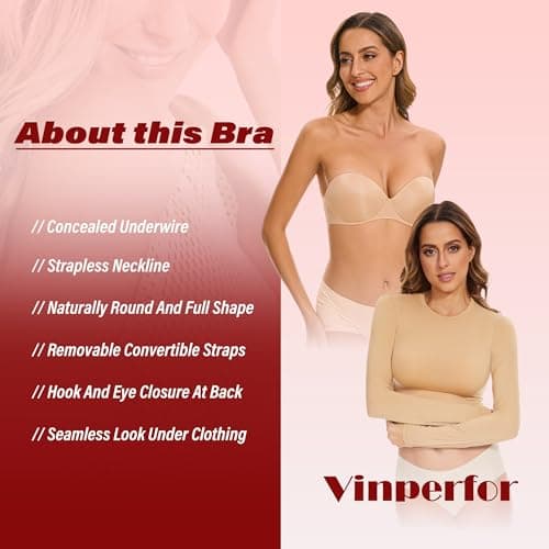 Vinperfor Women's No-Slip Teardrop Push-Up Bra for Dresses-Seamless Concealed Underwire