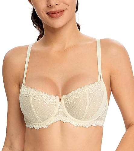 HACI Women's Plus Size Lace Mesh Balconette Bra - Sheer Demi Push Up Design