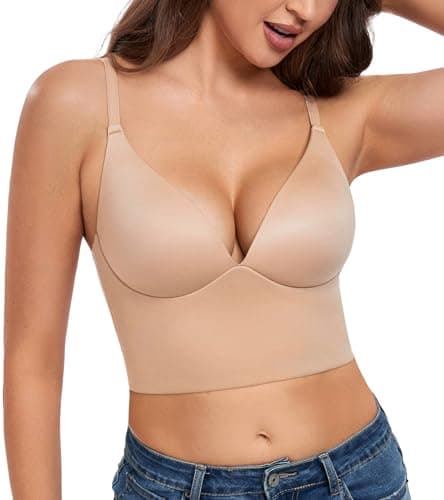 HACI Women's Longline Seamless Padded Bralette with Deep V Neck