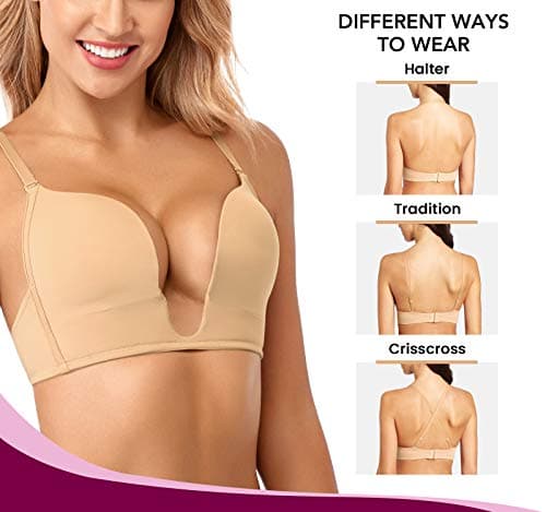 JOATEAY Women's Deep Plunge Convertible Bra with Low Cut Padded Cleavage Enhancer
