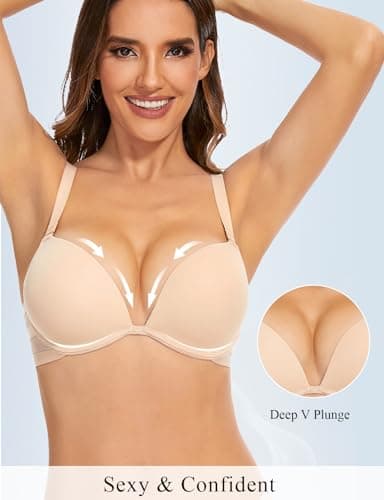 Upushall Plunge T-Shirt Bra for Women - Adds 2 Cup Sizes, Beige 42C