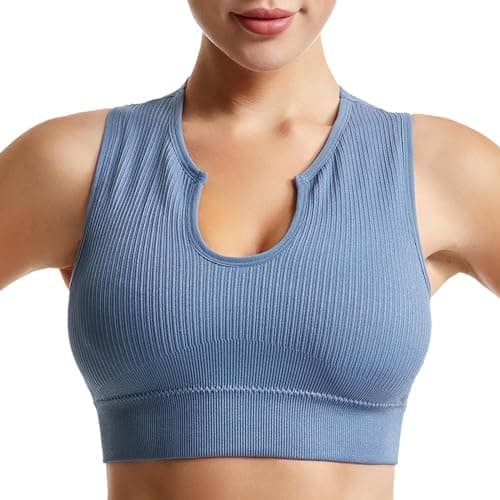 Solid Medium Support Ribbed Seamless Yoga Bra for Women Running Gym