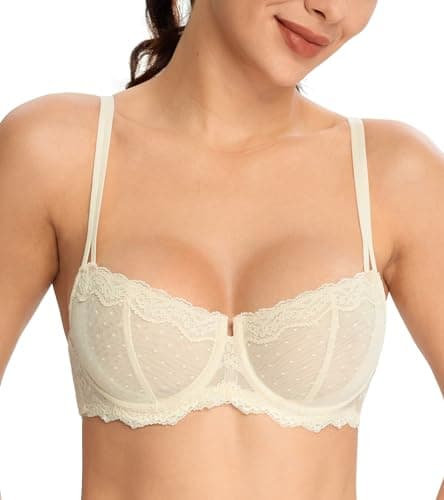 HACI Women's Plus Size Lace Mesh Balconette Bra - Sheer Demi Push Up Design