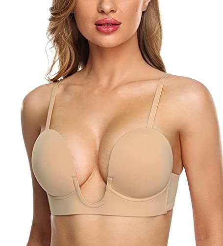 HANSACIA Women's Deep Plunge Underwire Bra with Low Back Conversion Push-Up