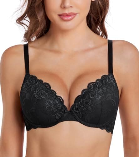 DotVol Women's Comfortable Underwire Push Up T-Shirt Bra with Flower Lace