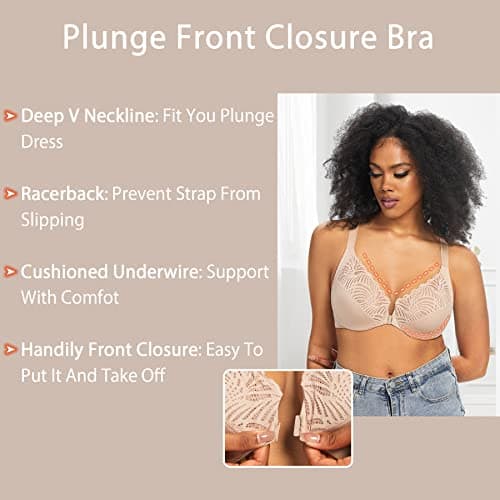 HACI Women's Front Closure Lacy Unpadded T-Back Bras