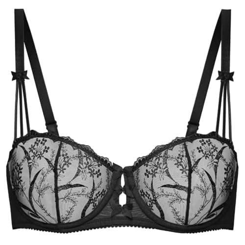 Deyllo Women's Balconette Lace Underwire Bra Sheer Non-Padded