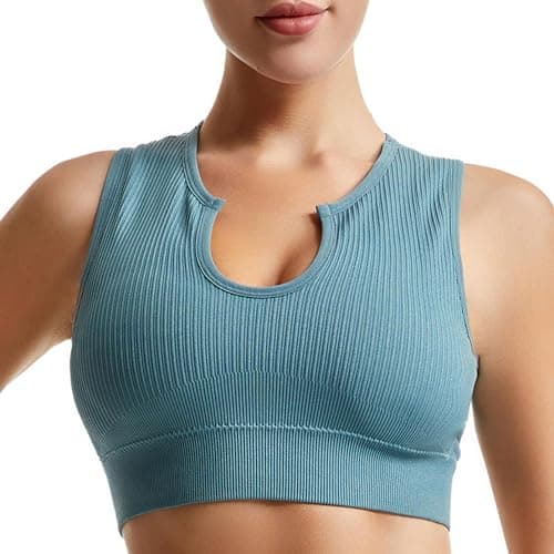 Solid Medium Support Ribbed Seamless Yoga Bra for Women Running Gym