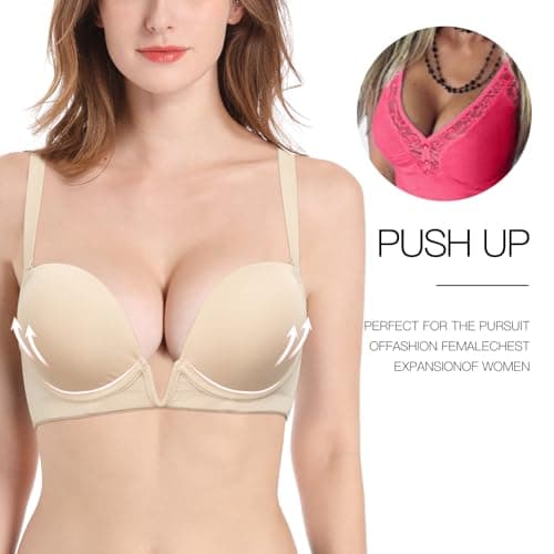 Vgplay Women's Deep Plunge Push Up Bra with Clear Straps and Underwire