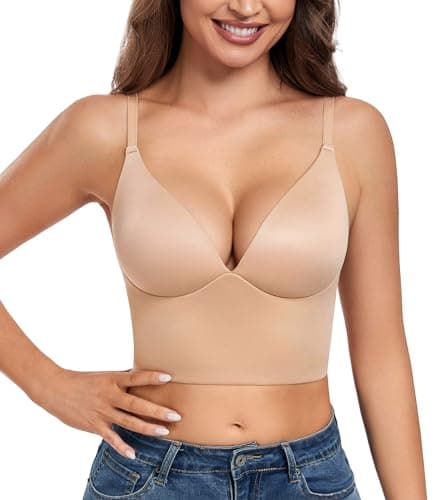 HACI Women's Longline Seamless Padded Bralette with Deep V Neck