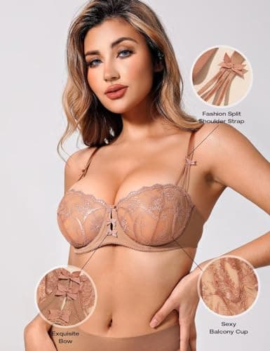 Deyllo Women's Balconette Lace Underwire Bra Sheer Non-Padded
