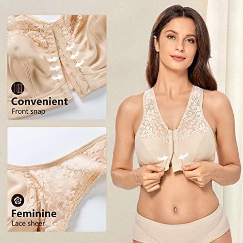 CALVENA Women's Plus Size Front Closure Wirefree Lace Racerback Bra