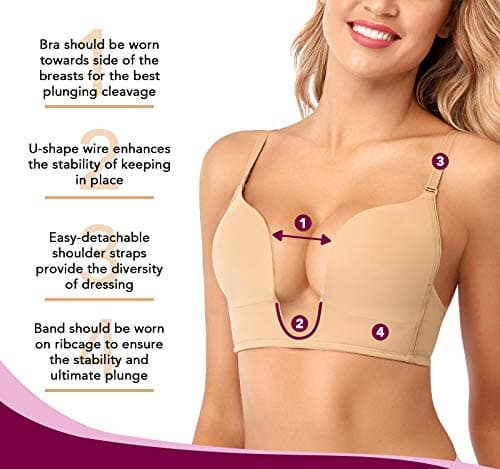 JOATEAY Women's Deep Plunge Convertible Bra with Low Cut Padded Cleavage Enhancer