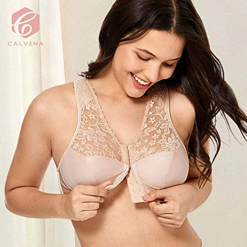 CALVENA Women's Plus Size Front Closure Wirefree Lace Racerback Bra