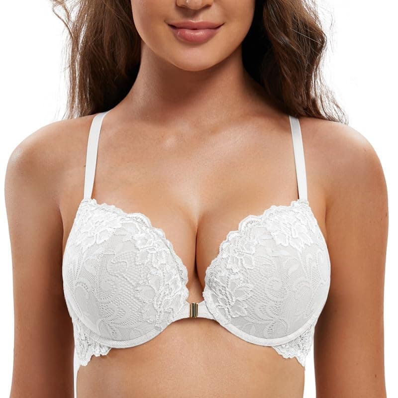 Deyllo Women's Front Closure Padded Push Up Bra Underwire Plunge