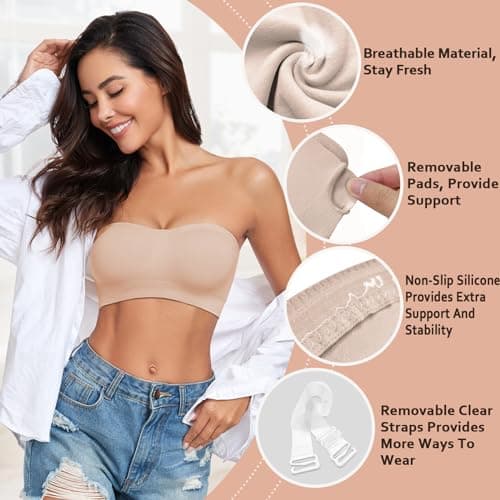 WOWENY Bandeau Bra for Women: Silicone, Padded, Non-Slip, Strapless
