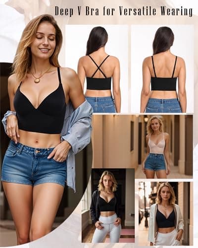 HACI Women's Longline Seamless Padded Bralette with Deep V Neck