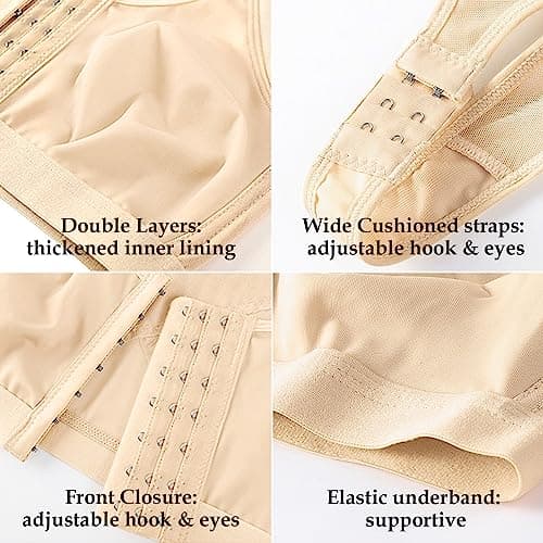 J-pone Women's Front Closure Posture Correcting Wireless Bra 2 Piece Full Coverage Back Support