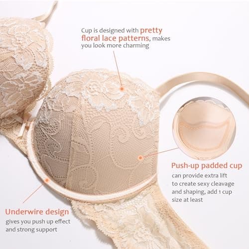 DotVol Women's Comfortable Underwire Push Up T-Shirt Bra with Flower Lace