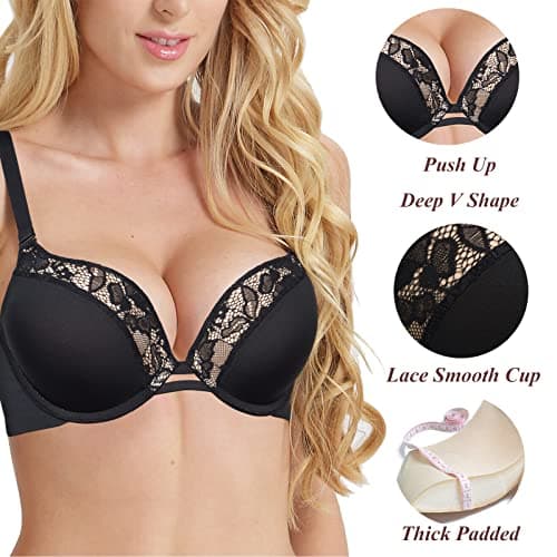 Pushlus Push Up Plunge Bra with Underwire and LaceSupport for Women