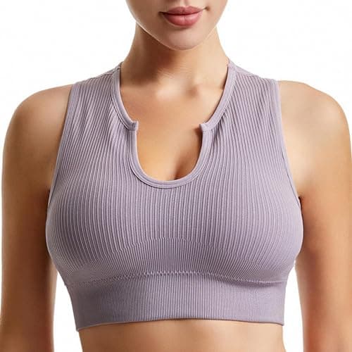 Solid Medium Support Ribbed Seamless Yoga Bra for Women Running Gym