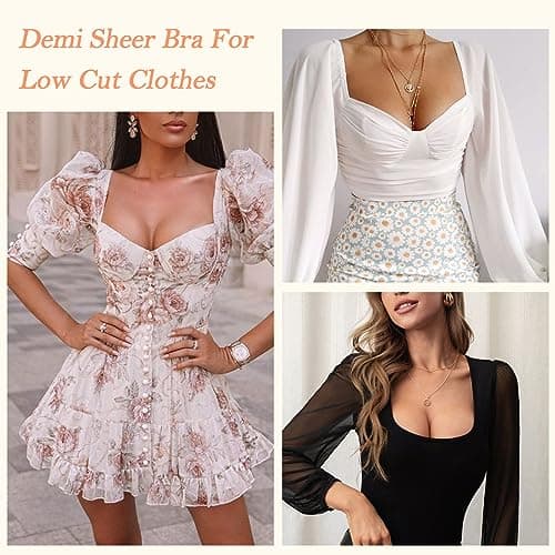 HACI Women's Plus Size Lace Mesh Balconette Bra - Sheer Demi Push Up Design